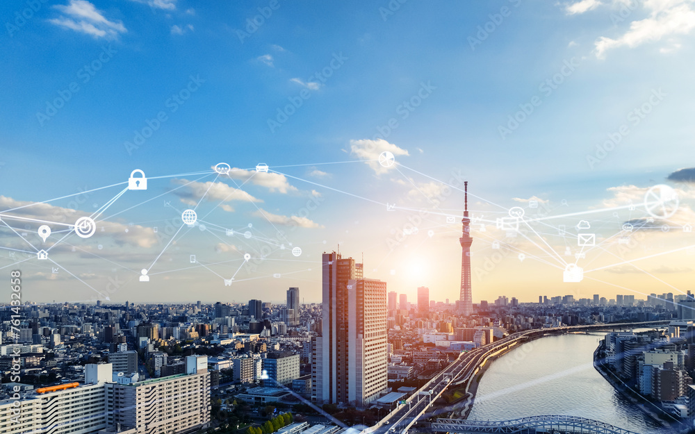 Poster modern city and communication network concept. iot (internet of things). smart city. digital transfo