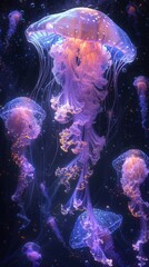 Submerged grottoes with glowing jellyfish