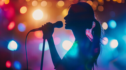 Female singer silhouette sings on stage in light show. Space for text.