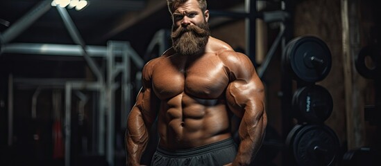 Fototapeta na wymiar A barechested bodybuilder with a beard and mustache is standing in a gym, showcasing his muscular chest and abdomen. His jawline is sharp, highlighting his dedication to physical fitness