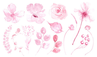 Fototapeta na wymiar Pink flowers watercolor illustration clipart. Pink monochrome flowers, leaves, twigs. Pink roses, meadow tiny flowers. Botanical illustration