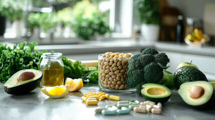 Healthy meal preparation with fresh vegetables and dietary supplements. Nutritious meal. Avocado, broccoli and greens. Kitchen background.