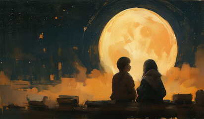 Young couple sitting together under the moonnight, Semi-abstract loosely painting, Stylized digital speed painting.