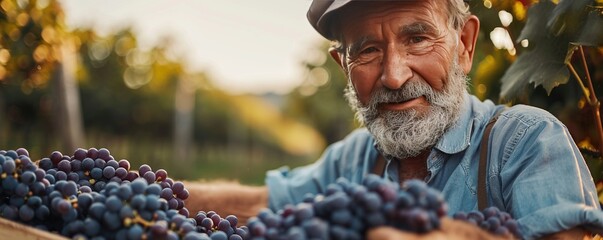 Aged male farmer pouring grapes into truck in vineyard - Powered by Adobe