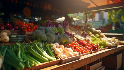 Sunlit Fresh Produce on Display at a Local Farmers Market - obrazy, fototapety, plakaty