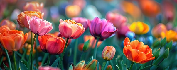 Background of colorful blossoming flowers with gentle petals and pleasant aroma growing in garden.