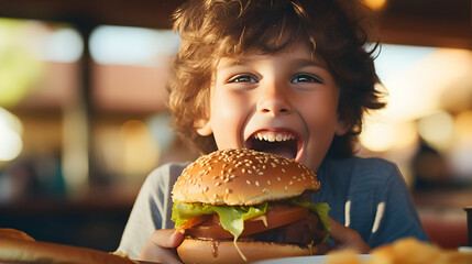 Child delightfully biting into a classic cheeseburger,