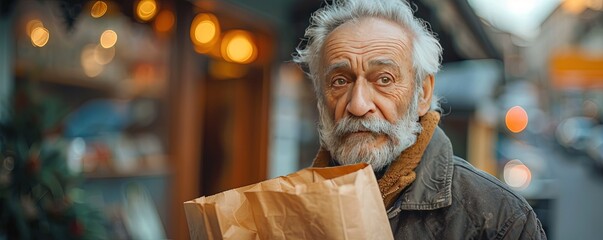 Caregiver delivering food at door of senior man - obrazy, fototapety, plakaty