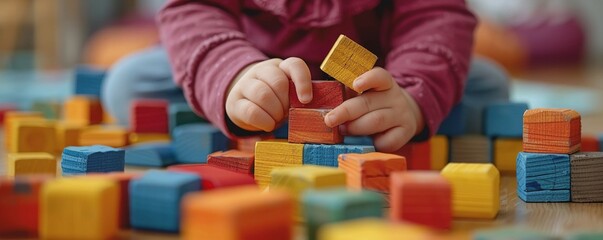 Closeup of a child's hands as she plays with blocks - obrazy, fototapety, plakaty