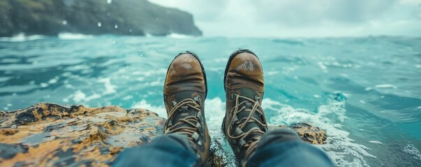 diving feet above ocean with rock in hawaii - obrazy, fototapety, plakaty