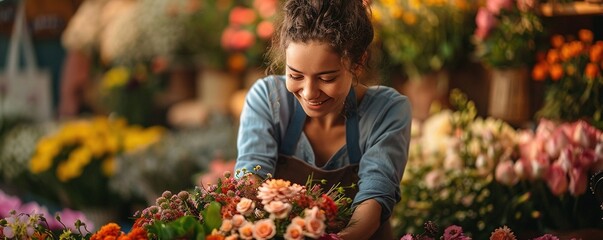 florist selects flowers for making bouquet - obrazy, fototapety, plakaty