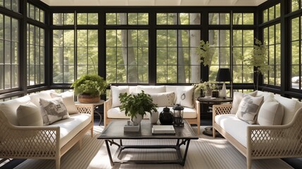 Sunroom with off-white woven furnishings and black framed glass walls. - obrazy, fototapety, plakaty