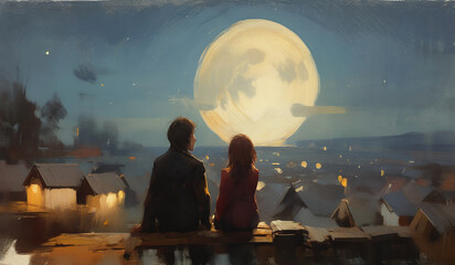 Young couple sitting together under the moonnight, Semi-abstract loosely painting, Stylized digital speed painting.