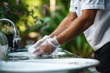 Close-up of hand washing white dish in kitchen for household chores and cleaning concept