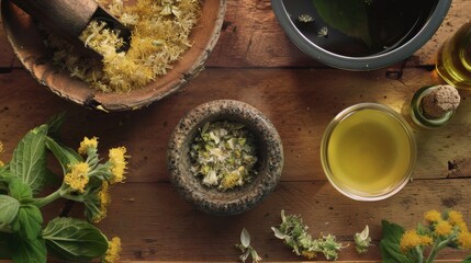 The process of making Verbascum (Mullein) ointment, featuring a mortar and pestle with crushed Mullein leaves and flowers, and the final product in an open jar.