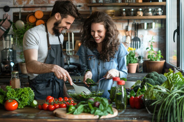 Beautiful young couple is talking and smiling while cooking healthy food in kitchen at home