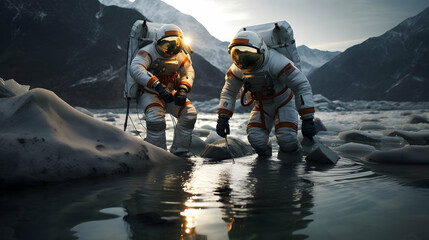 On an alien landscape, astronauts don advanced space suits - obrazy, fototapety, plakaty