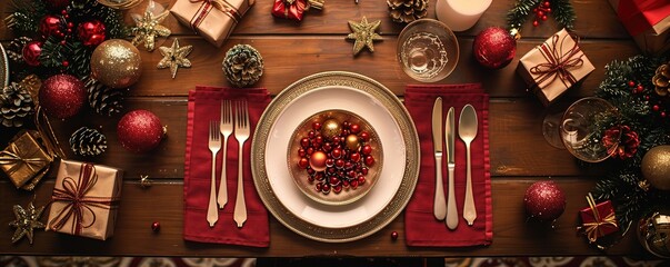 Overhead view of a festive Christmas cutlery setting on a table - obrazy, fototapety, plakaty