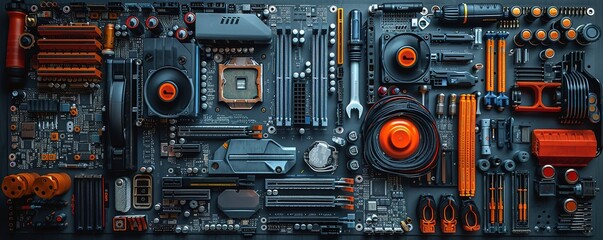 PC hardware components, various tools and wires.