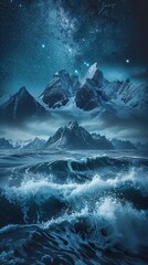 Picturesque landscape of mountain ridge near wavy sea under starry sky at night