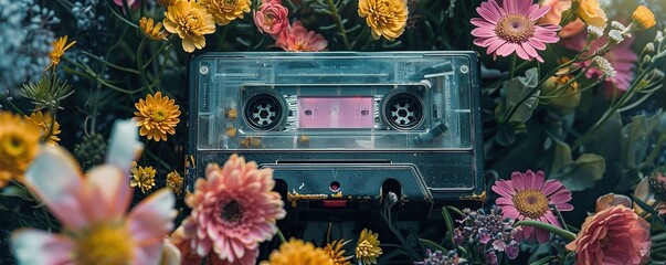 retro music cassette covered with flowers