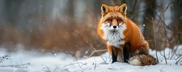 red fox with fluffy fur on snow ground