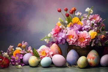 Fototapeta na wymiar Happy Easter. Congratulatory easter background. Easter eggs and flowers - generative ai