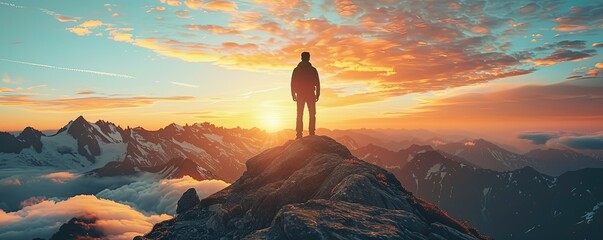 Silhouette of a man on top of a mountain peak - Powered by Adobe
