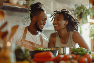 Beautiful young couple is talking and smiling while cooking healthy food in kitchen at home