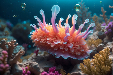 Naklejka na ściany i meble Vibrant Nudibranch Gliding Over a Colorful Coral Reef