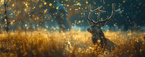 Windswept Stag in the Field in the United Kingdom - obrazy, fototapety, plakaty