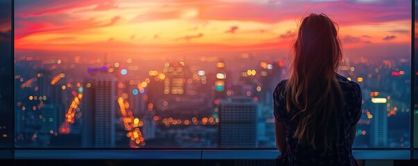Woman contemplating cityscape through a window at sunset - obrazy, fototapety, plakaty