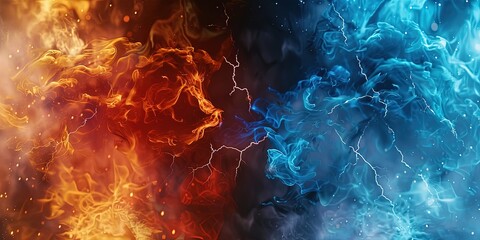 Illustration of a fight between fire and ice on a black background, symbol, background, wallpaper.