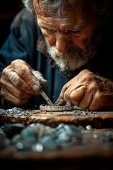 Close up of a male jeweler making or repairing a piece of jewelry