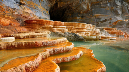 Terraces of orange calcite in the lake, in a cave, side view