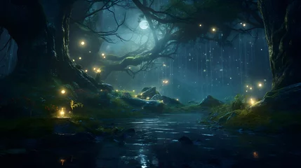 Zelfklevend Fotobehang An enchanted forest bathed in soft moonlight, where mystical creatures and fireflies create a magical ambiance. © pipo
