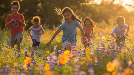 Joyful Children in Spring Wildflowers