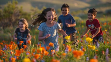 Joyful Children in Spring Wildflowers - 761438272
