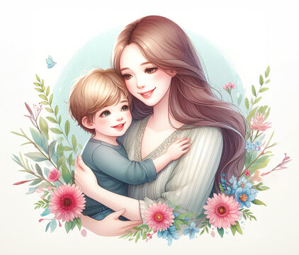 Mother's Day Poster Design - A mother and child are hugging each other and are happy.