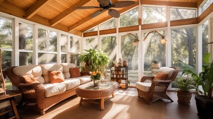 Sunroom with rustic wooden ceiling fans and woven bamboo blades.