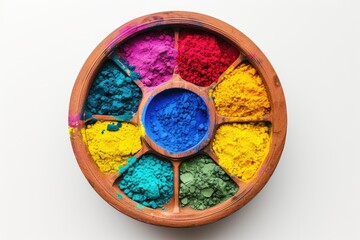 Indian Festival of Color Celebration Background with Top View of Holi Color Filled Bowls