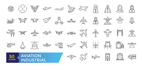 Aviation and Aircraft outline icon set with flight plane editable stroke symbol: airline, travel, charter, route, airplane, business jet, military fighter. - obrazy, fototapety, plakaty