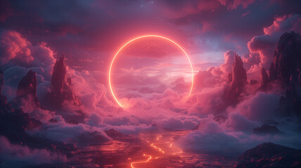 A red circle is in the middle of a cloudy sky