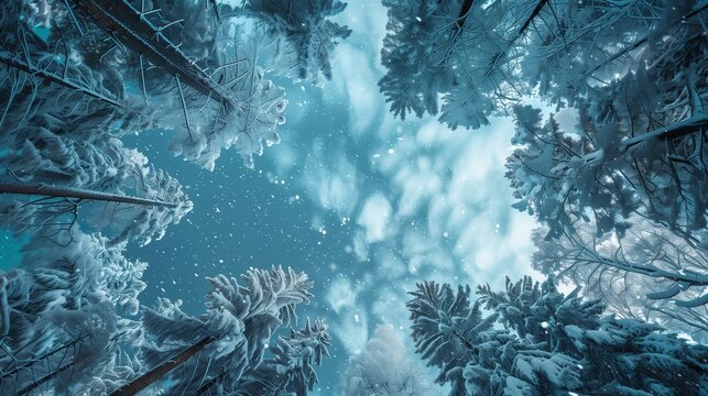 The background with snow covered trees and sky. Generative AI