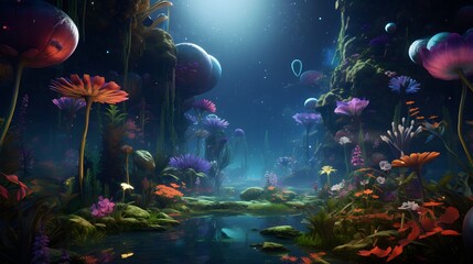 Fototapeta na wymiar A cosmic garden with floating islands of diverse flora, orbiting a radiant star.