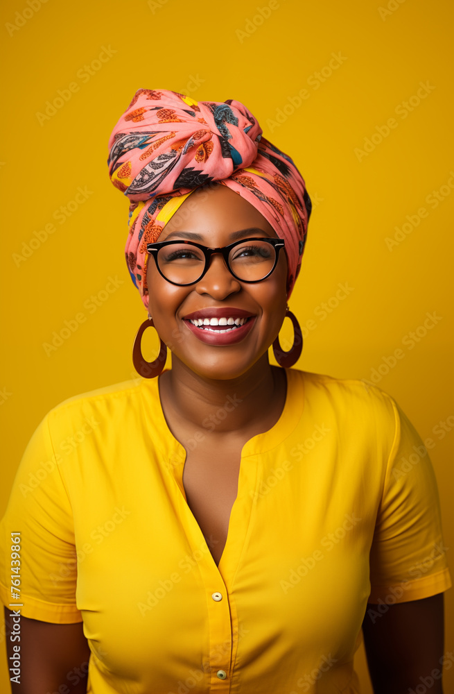 Wall mural Joyful Expression: Stylish Woman in Vibrant Headwrap