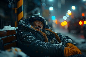 Illustration of homeless man sleeping on a roadside bench under the light of a utility pole to be used regarding the problems of homelessness, poverty, social problems. Should focus on human dignity.