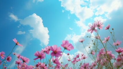 Beautiful sky and pink flowers in full bloom. Generative AI