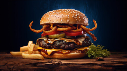 Onion ring burger with cheese, tomato, cucumber and lettuce on wooden table with blue background - obrazy, fototapety, plakaty