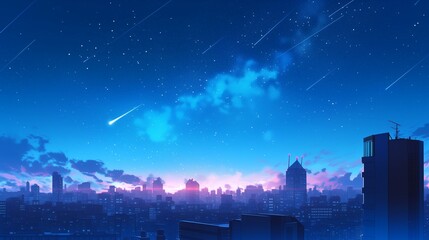 The sky in the city where shooting stars fall in the sunset sky. Generative AI